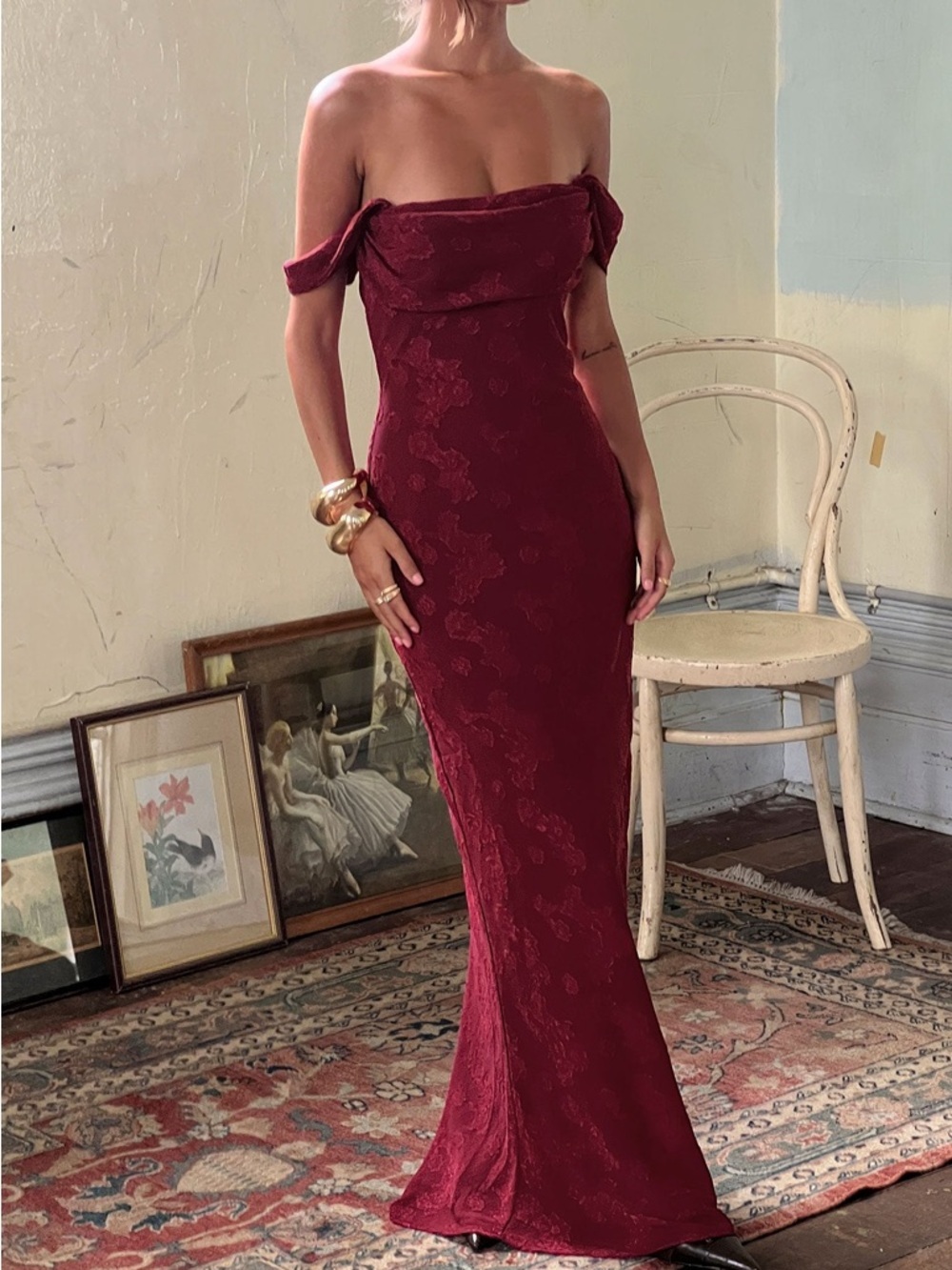 PRINCESS POLLY Azura Off The Shoulder Dress in Burgundy 8